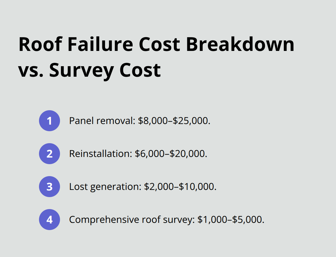 Cost components of roof failure under solar load compared to the preventive cost of a roof survey.