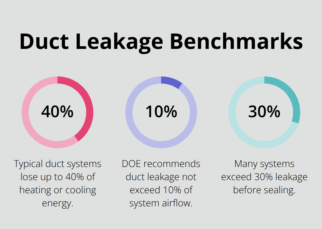 Key duct leakage percentages: typical loss, recommended limit, and pre-seal levels - Duct energy leak detection