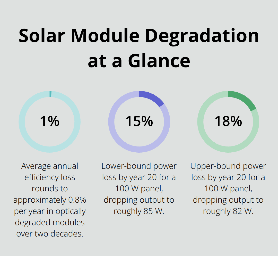 Key percentages showing annual efficiency loss and 20-year power loss in optically degraded solar modules - infrared solar panel scan