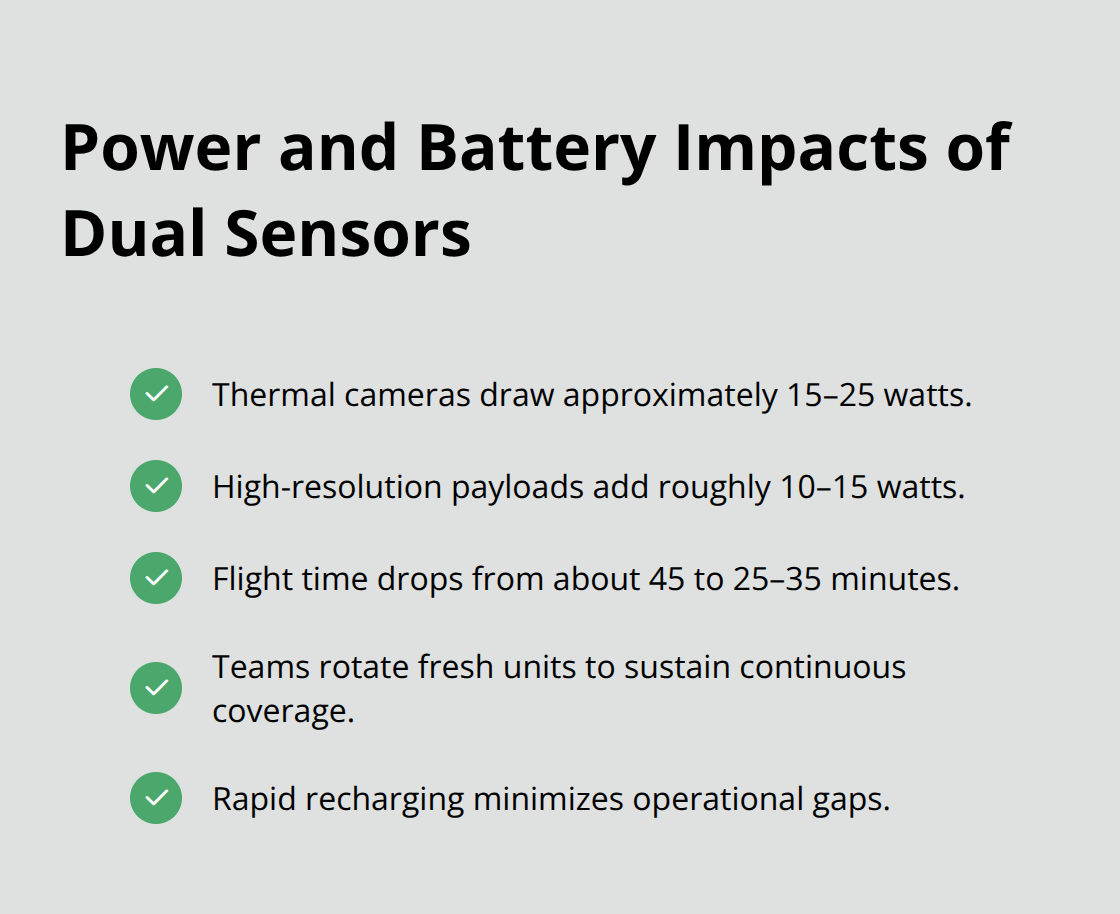 Checklist of power draw, flight time reduction, and rotation strategy for multi-sensor drones - Multi drone search coordination