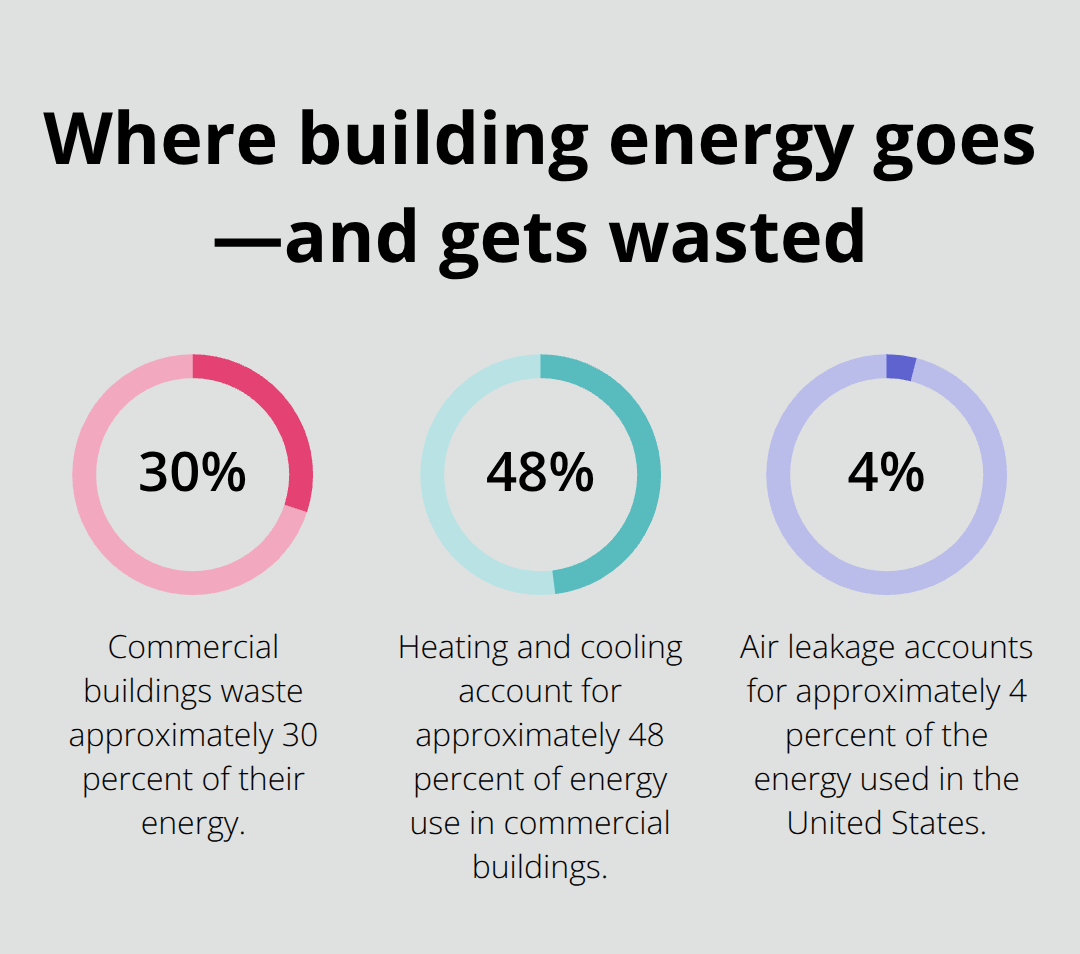 Percentages showing wasted energy, HVAC share, and air leakage impact